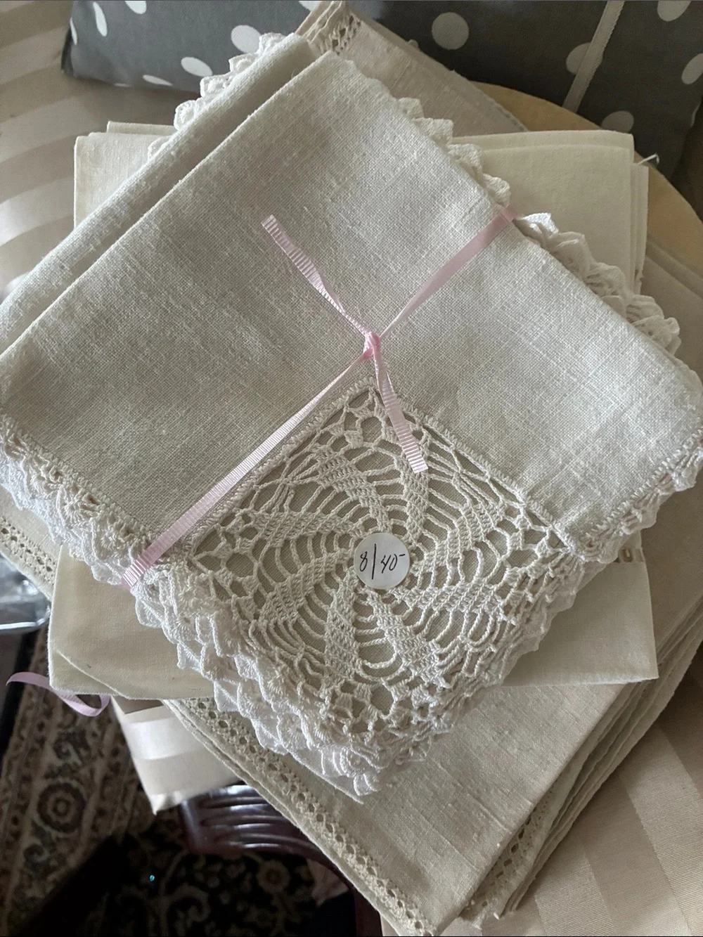 Vintage Linen & Crochet Lace Napkins - Cream